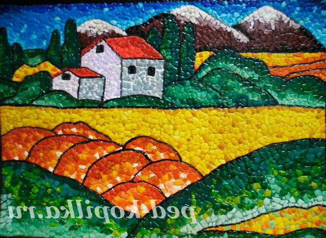 Мозаїка з яєчної шкаралупи. Пейзаж: В горах