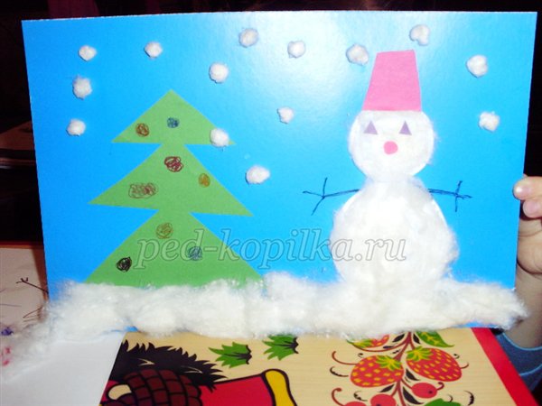 Новорічна аплікація Сніговик біля нашого будинку