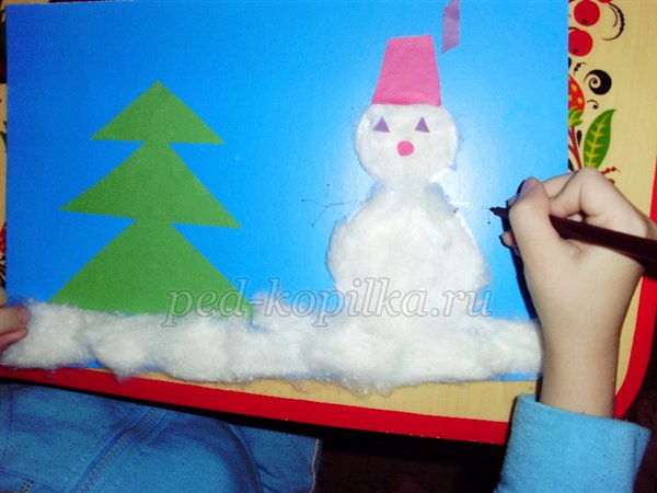 Новорічна аплікація Сніговик біля нашого будинку