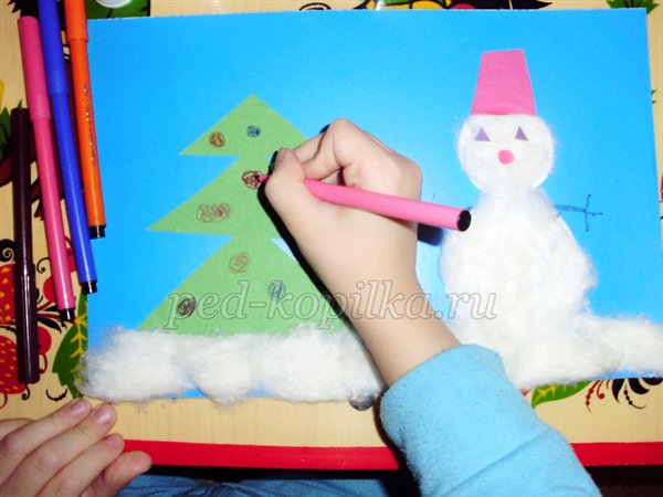 Новорічна аплікація Сніговик біля нашого будинку