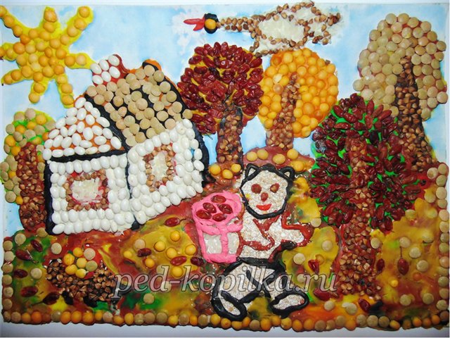 Аплікація з круп і пластиліну на осінню тематику Аплікація з круп і пластиліну на осінню тематику